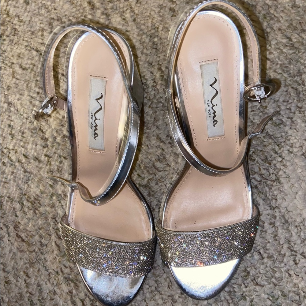 Nina Silver Chunky Heels, size 7.5